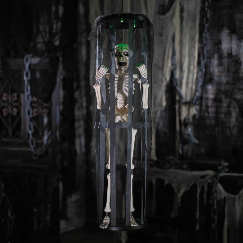 40" Animated Light-Up Skeleton in a Shaking Cage Halloween Decoration