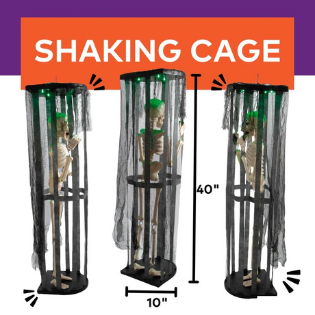 40" Animated Light-Up Skeleton in a Shaking Cage Halloween Decoration