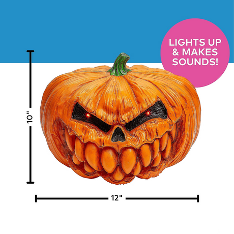 Light-Up Scary Plastic Pumpkin with Sound Halloween Decoration, 12"
