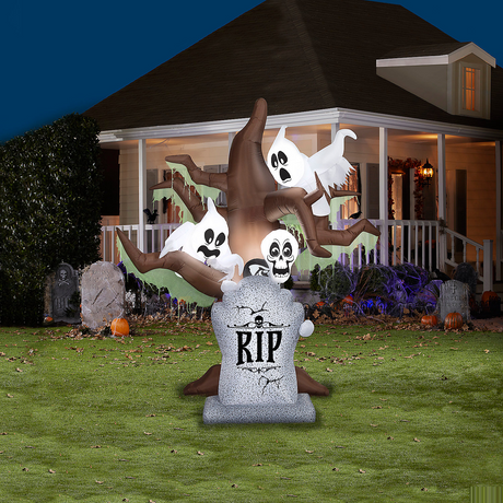 8 Ft. Airblown Blowup Inflatable Tombstone with Haunted Ghost Tree ShortCircuit Lightshow Halloween Outdoor Yard Decoration