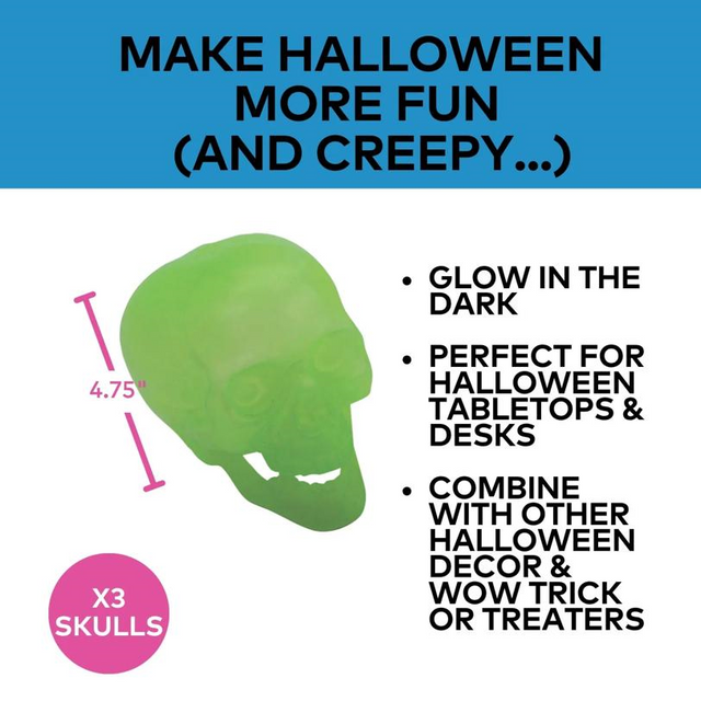 Glow-in-the-Dark Skulls Halloween Decoration - Set of 3