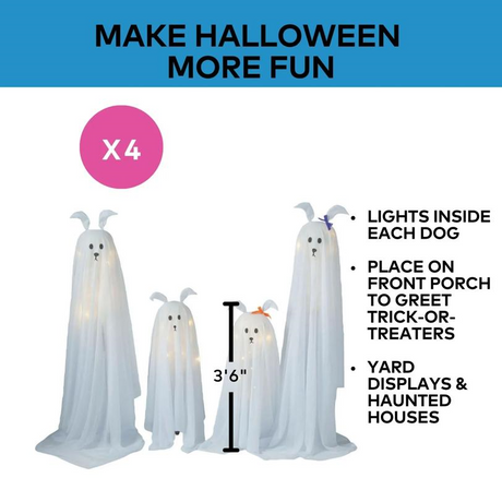 Light-Up Standing Ghostly Dogs Halloween Decoration - Set of 4