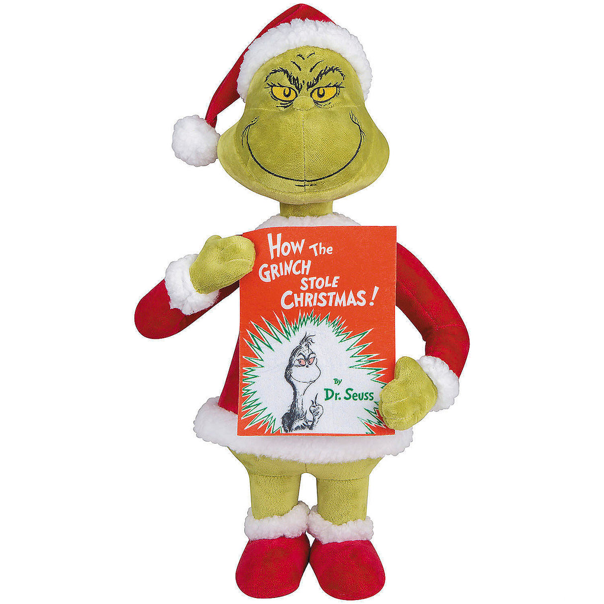 Adorable Holiday Greeter Stuffed Grinch in Santa Suit with Book for Christmas Cheer and Festive Decorations