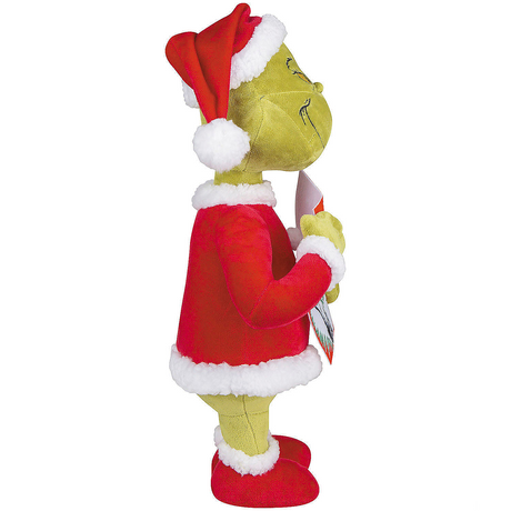 Holiday Greeter Stuffed Grinch in Santa Suit with Book Christmas Decoration, 18 1/2"