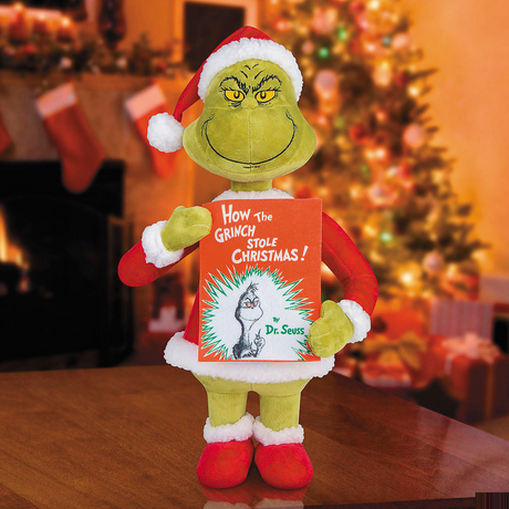 Holiday Greeter Stuffed Grinch in Santa Suit with Book Christmas Decoration, 18 1/2"