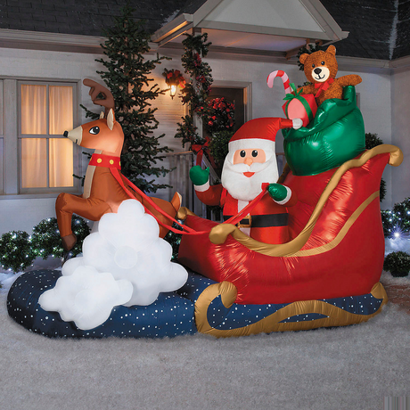 Airblown Animated Luxe Waving Santa w\/ Rocking Reindeer on a Cloud 84" Inflatable Christmas Outdoor Yard Decor