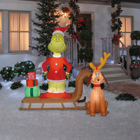 6 Ft. Airblown Inflatable Dr. Seuss How the Grinch Stole Christmas Grinch & Max with Sled Outdoor Yard Decoration
