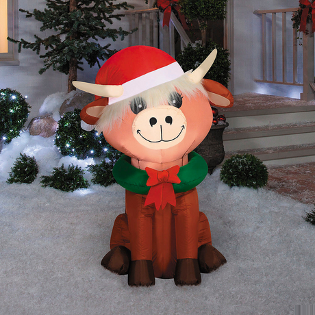 4 Ft. Airblown Inflatable Baby Highland Cow with Santa Hat Christmas Outdoor Yard Decoration