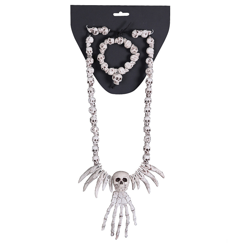 Skull Necklace and Bracelet for Witch Doctor Zombie Costume Accessories and Halloween Themed Parties