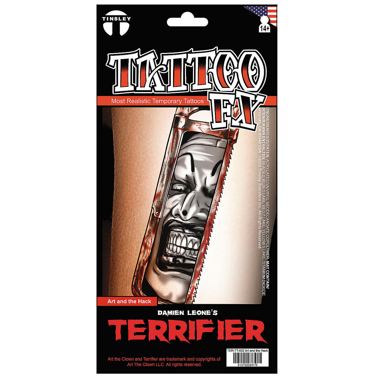 Tinsley Transfers Terrifier 3 Art the Clown with Hacksaw Temporary Tattoo