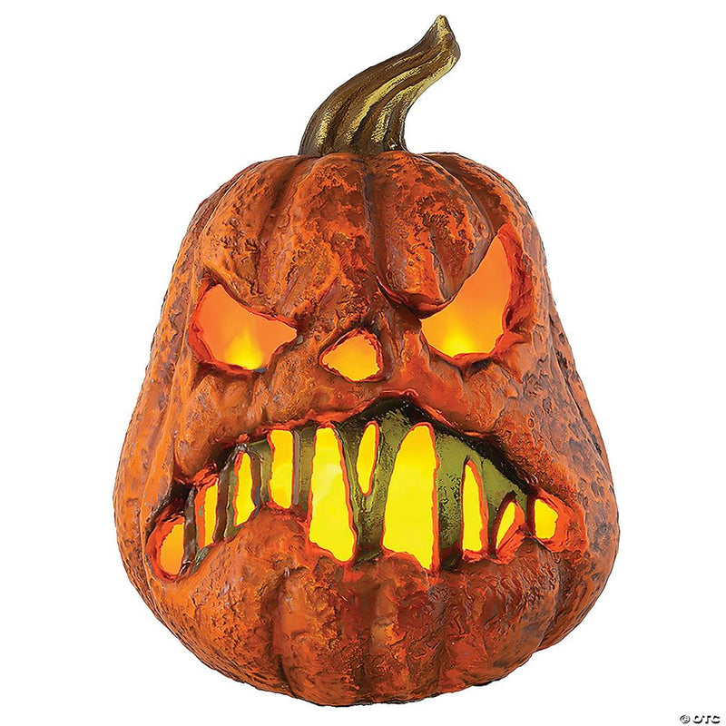 Eerie 8 Inch Rotten Flaming Pumpkin Decoration for Halloween Parties and Spooky Events