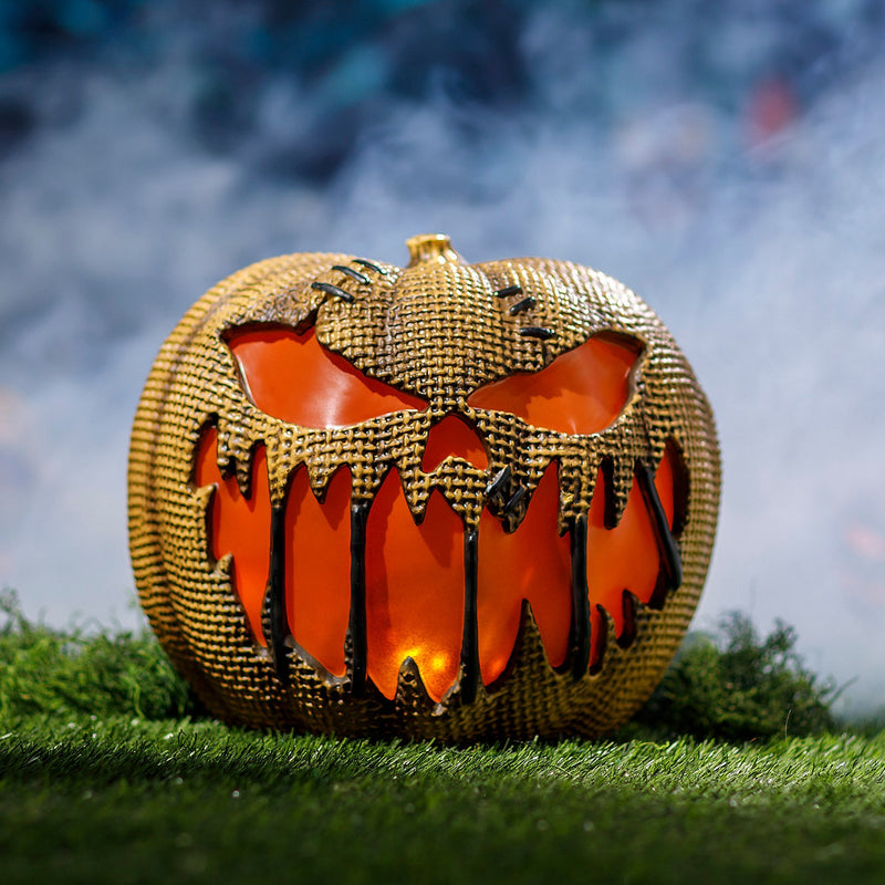 14 Inch Animated Flaming Burlap Pumpkin for Halloween Parties Spooky Decor and Fall Celebrations