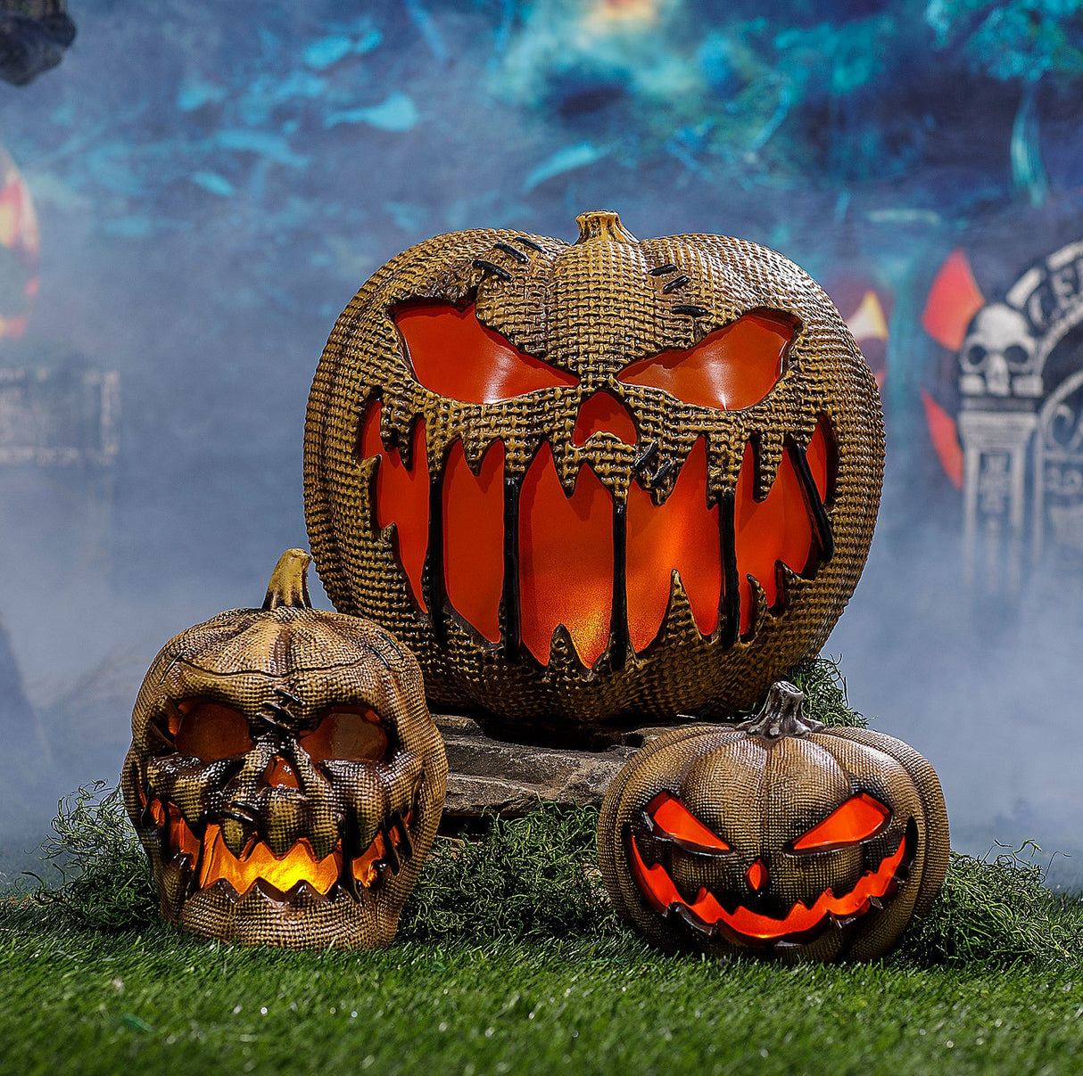 14 Inch Animated Flaming Burlap Pumpkin for Halloween Parties Spooky Decor and Fall Celebrations