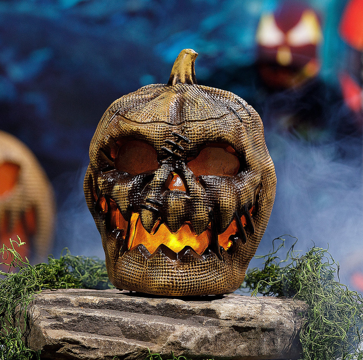 Animated Flaming Burlap Pumpkin Halloween Decoration for Spooky Parties and Fall Decor