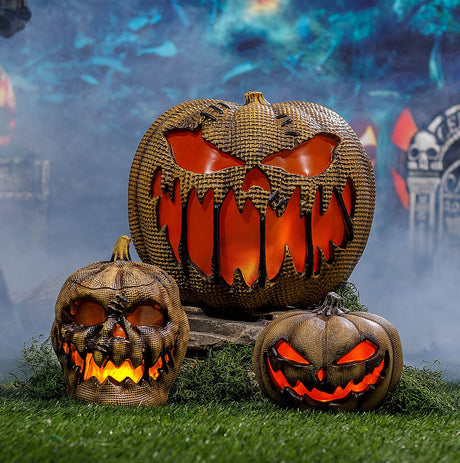 Animated Flaming Burlap Pumpkin Halloween Decoration 10"
