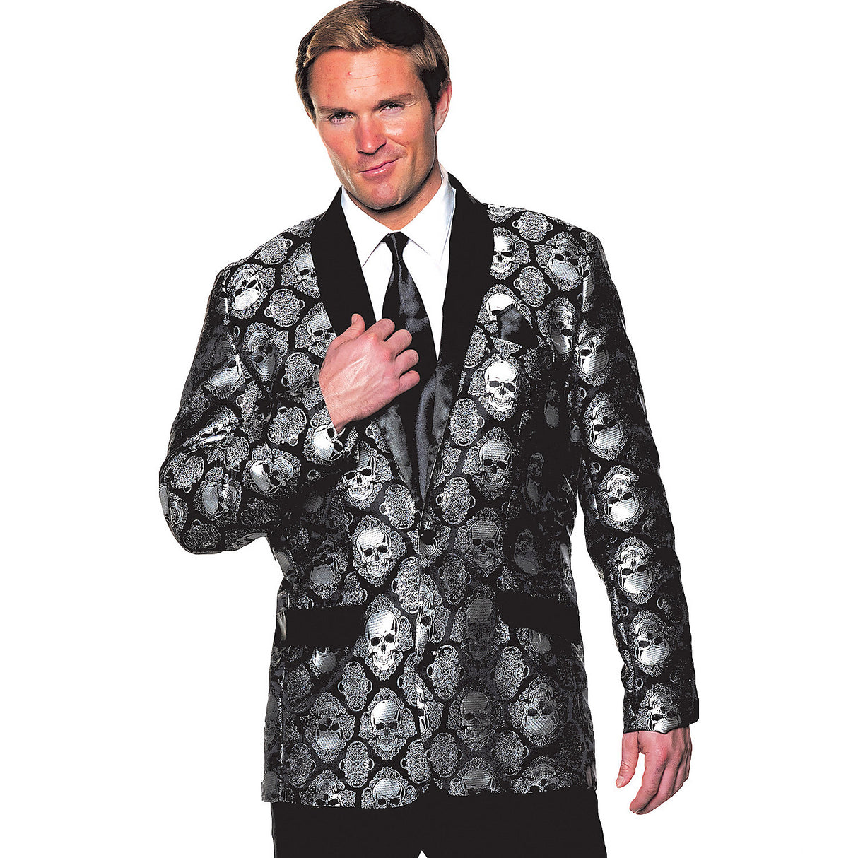 Stylish Adult Silver Jacard Skull Jacket for Fancy Dress Parties Halloween Events and Formal Gatherings