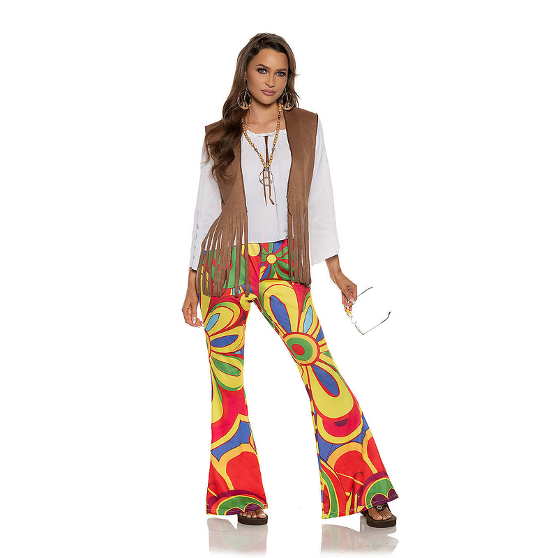 Adult Faux Suede Fringed Vest with Bell Bottom Pants for Retro Costume Parties and 70s Theme Events