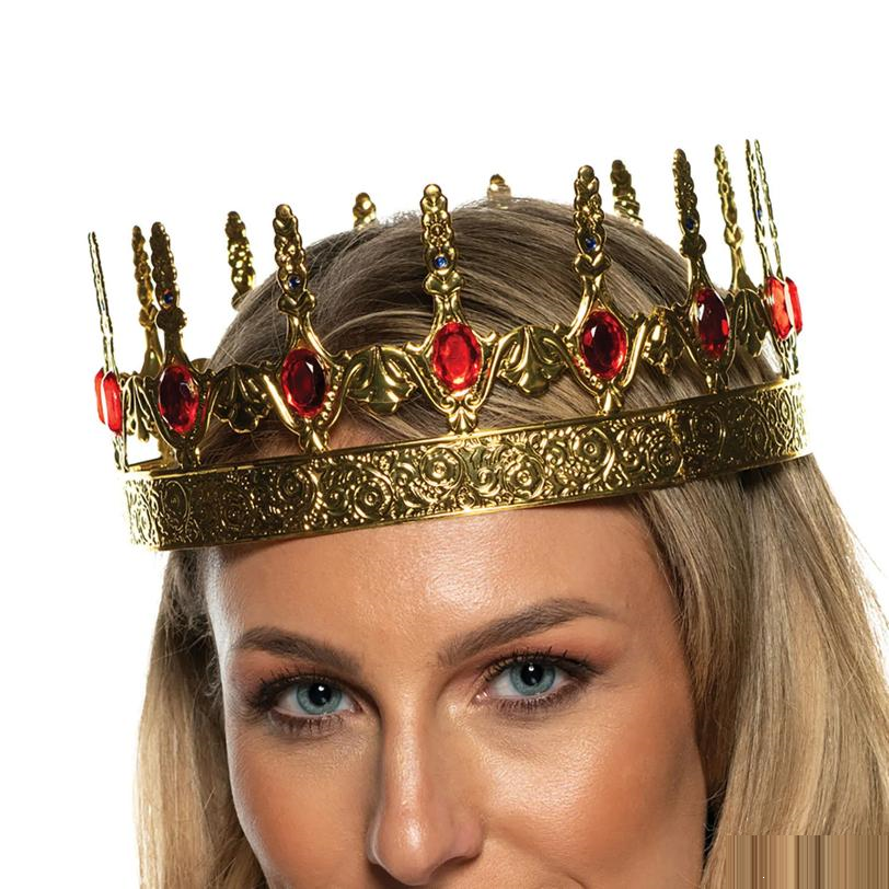 Adults Gold Plastic Crown with Red Faceted Gemstones