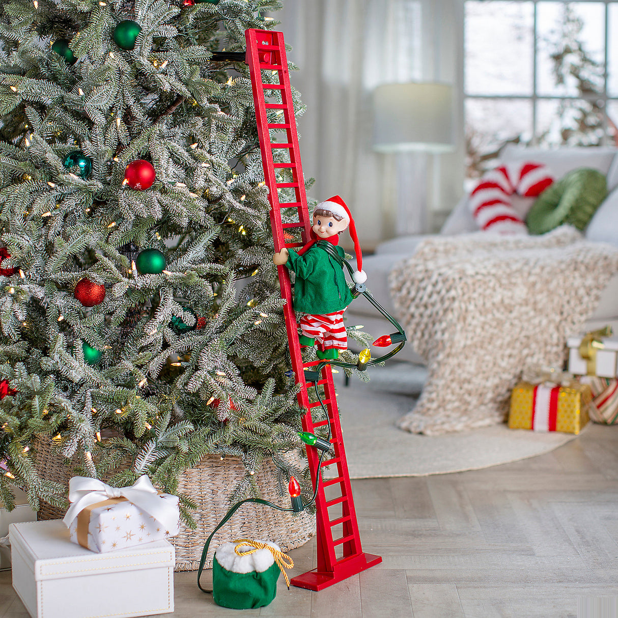 43 Inch Animated Ladder Climbing Elf Christmas Decoration for Holiday Cheer and Festive Decor