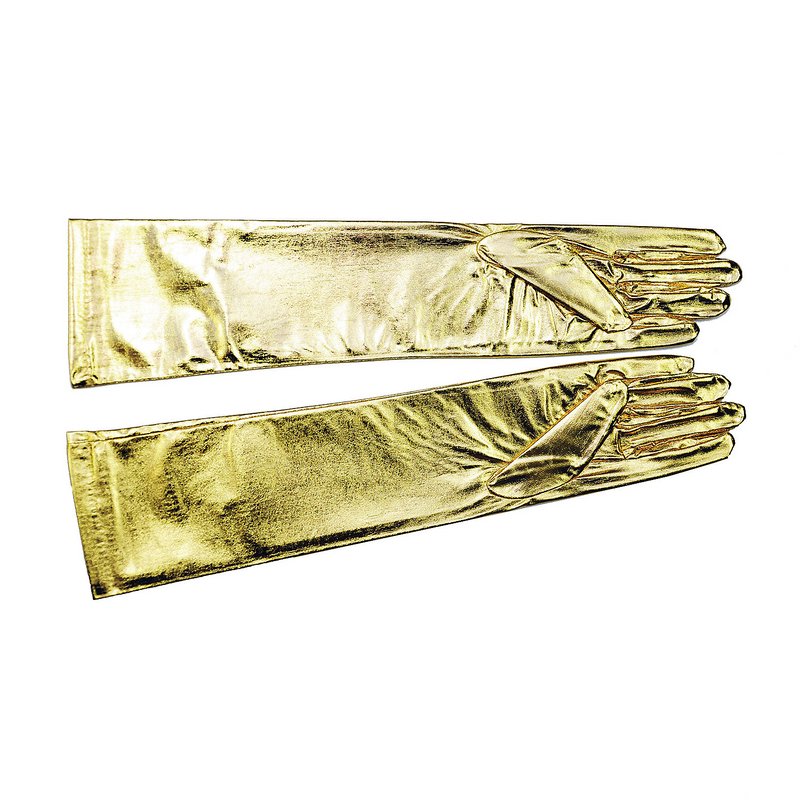 Elbow Length Gold Metallic Stretch Nylon Gloves for Stunning Costume Accessories and Themed Events