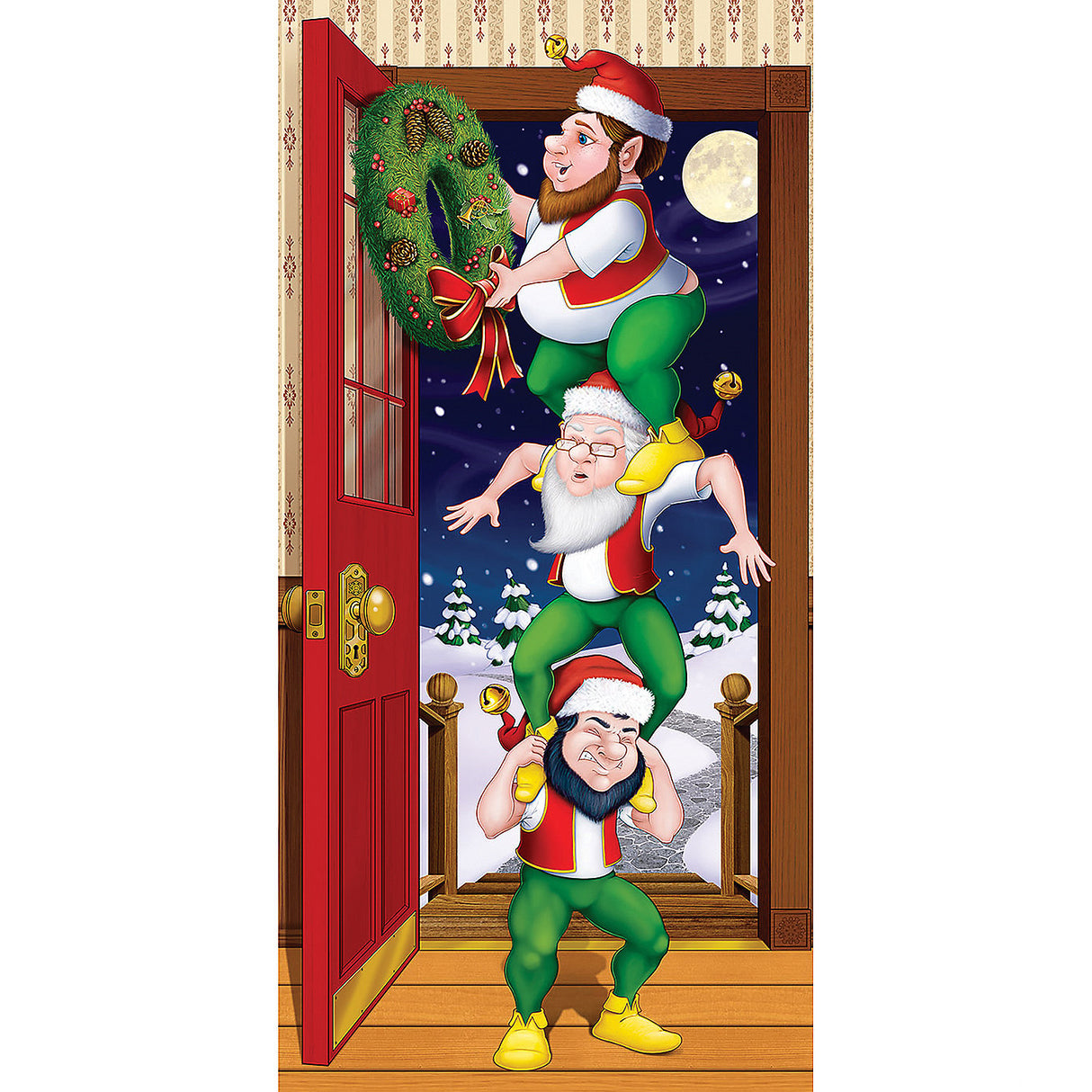 Festive Christmas Elves Door Cover for Holiday Parties and Seasonal Decorations