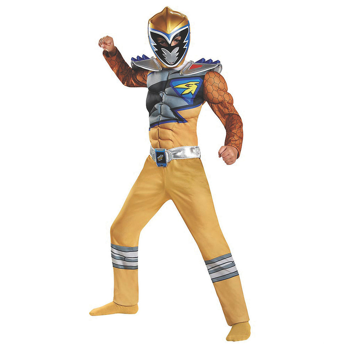 Boys Deluxe Gold Power Rangers Dino Charge Muscle Costume for Halloween Parties and Superhero Adventures