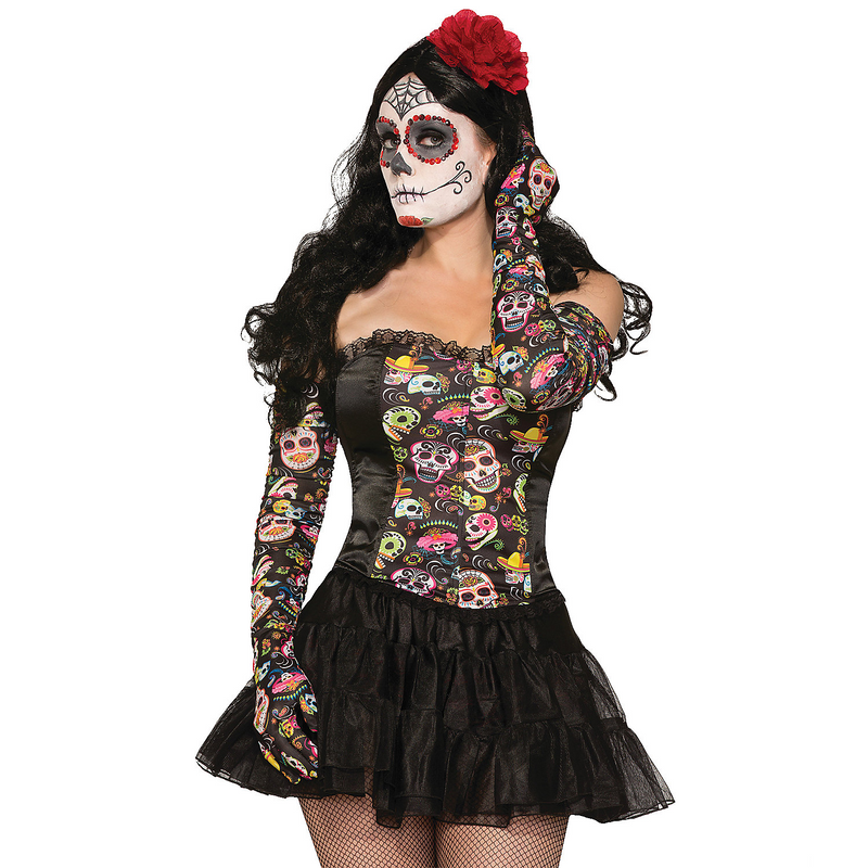 Colorful Sugar Skull Print Costume Gloves for Halloween Adults clothing product image