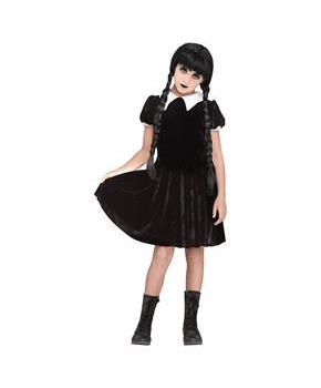 Gothic Girl Child Black Dress Halloween Costume with Collar