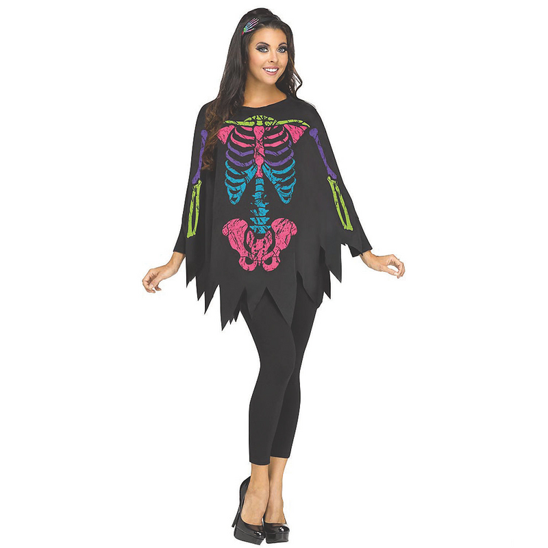 Adult colorful skeleton Halloween poncho costume