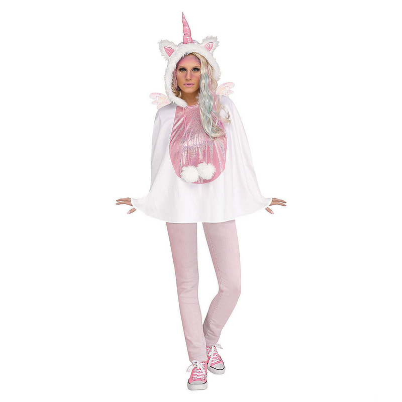 Unicorn polyester adult poncho costume with hood and wings