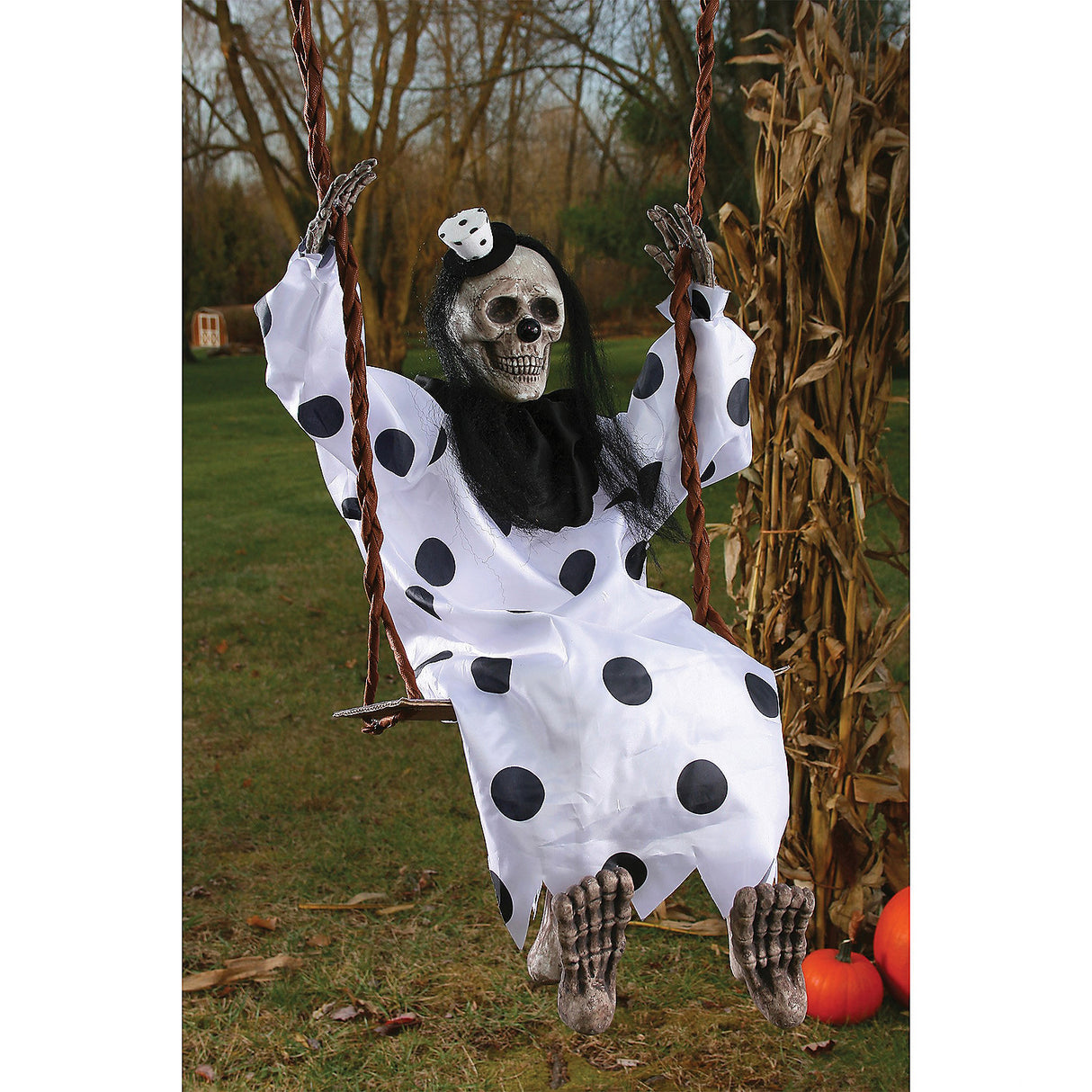 Halloween Skeleton Clown on Swing for Spooky Decor or Haunted House Events