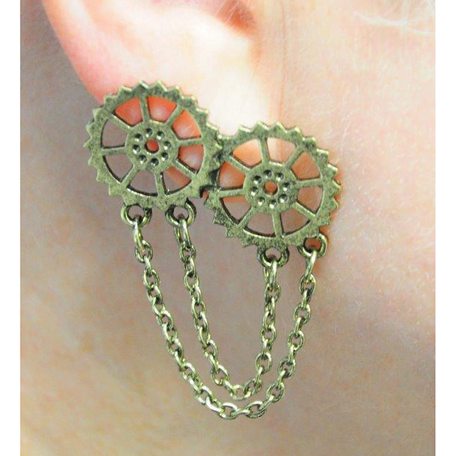 EARRINGS GEAR DROP CHAIN STUDS