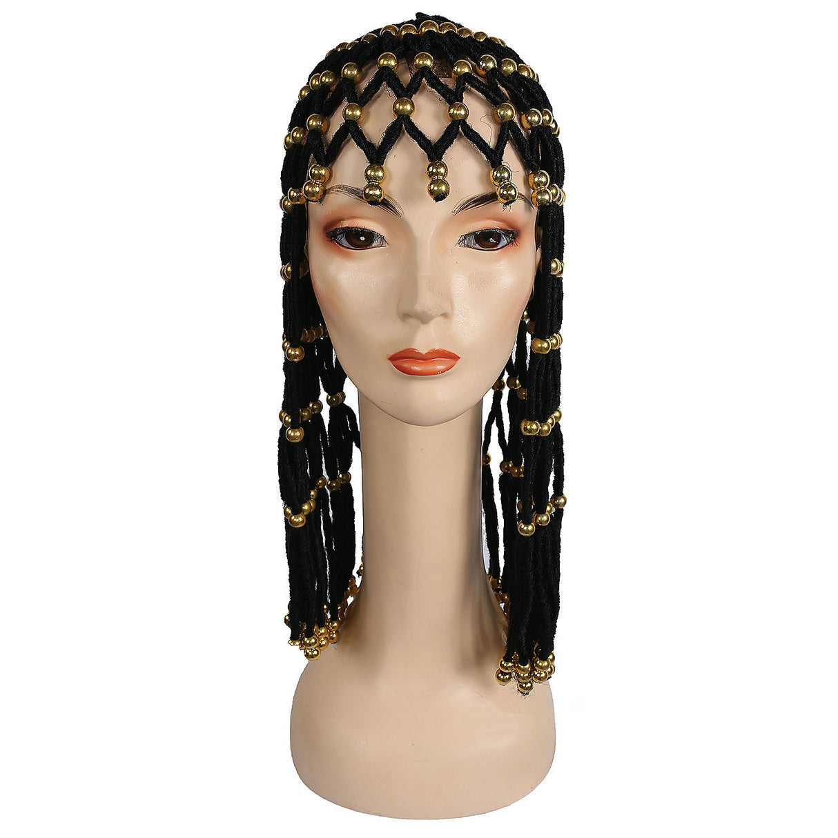 Elaborate Black Headdress with Gold Beads for Historical Costume Events and Themed Parties
