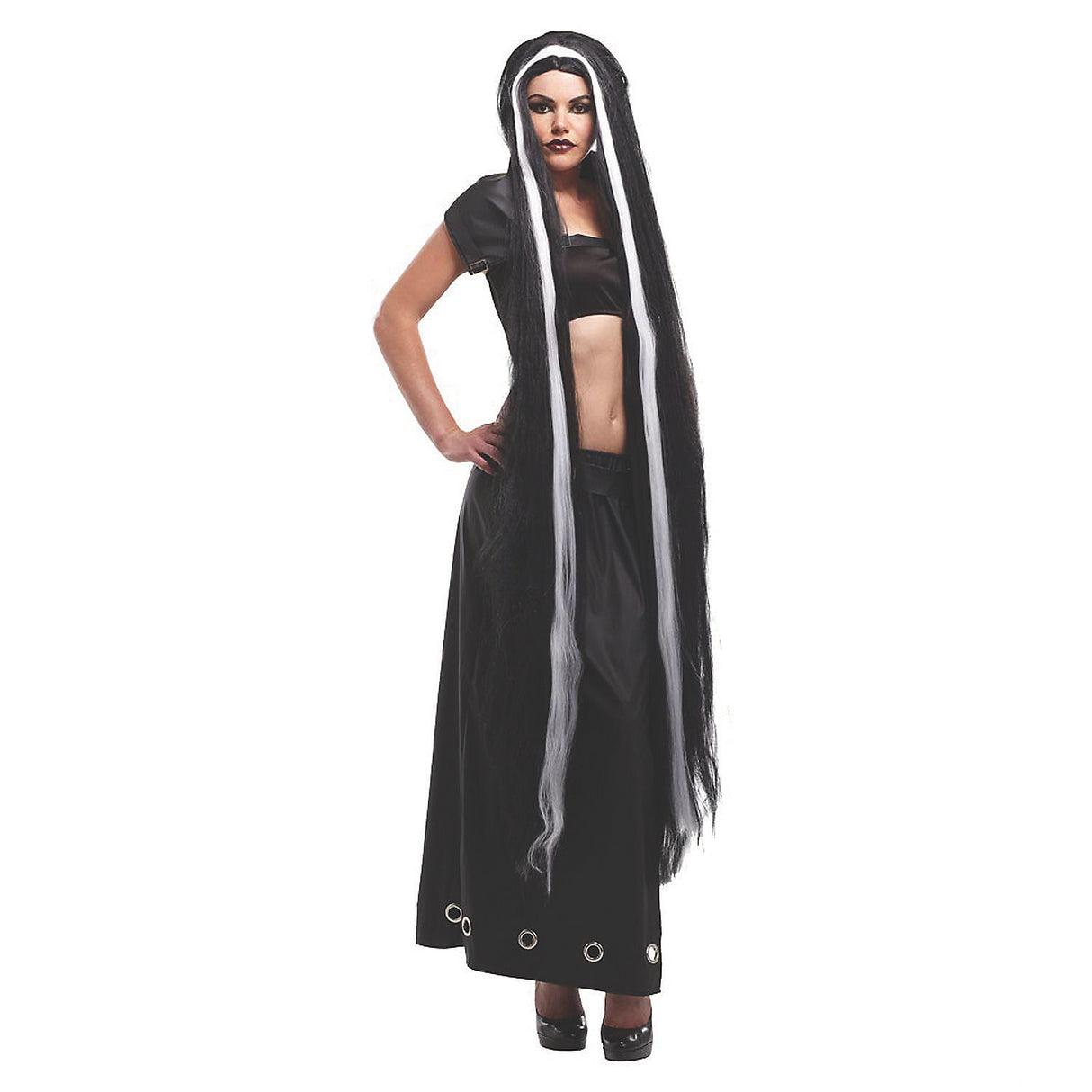 Dramatic Long Black and White Wig for Halloween Costumes and Character Transformations