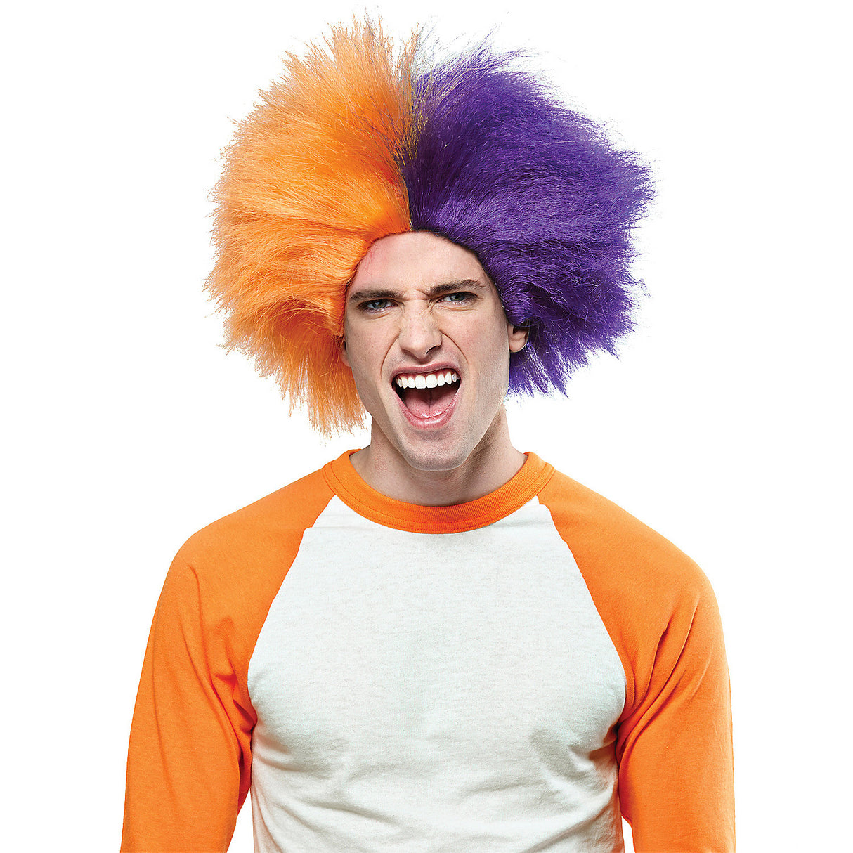 Vibrant Orange And Purple Sports Wig for Team Spirit and Game Day Celebrations