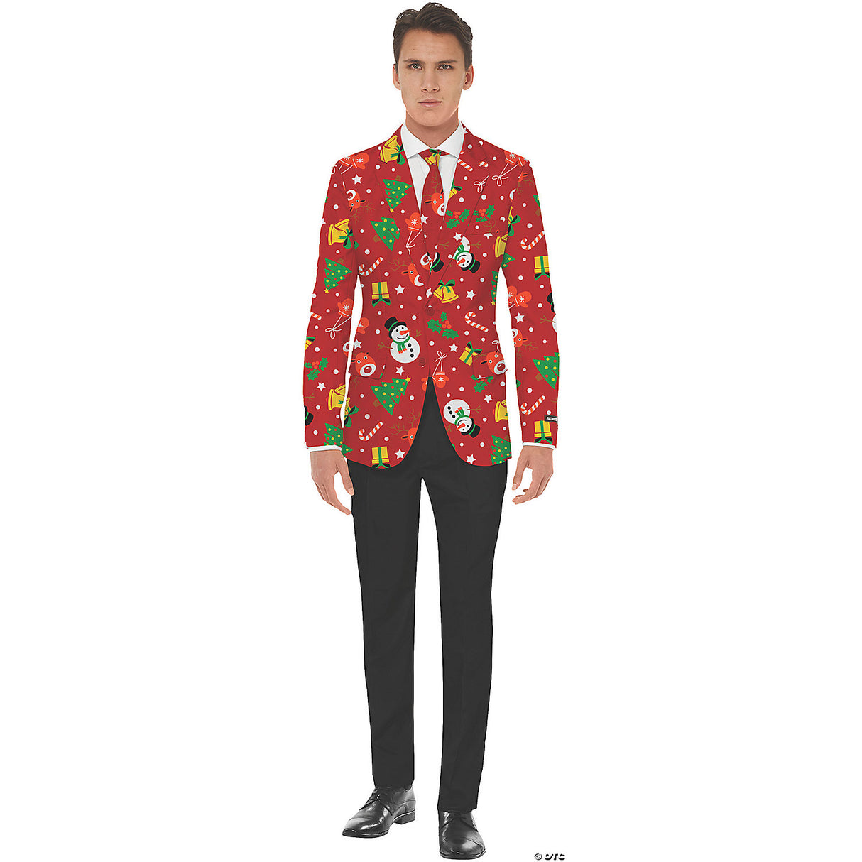 Festive Red Icon Christmas Jacket and Tie Costume for Holiday Parties and Seasonal Celebrations