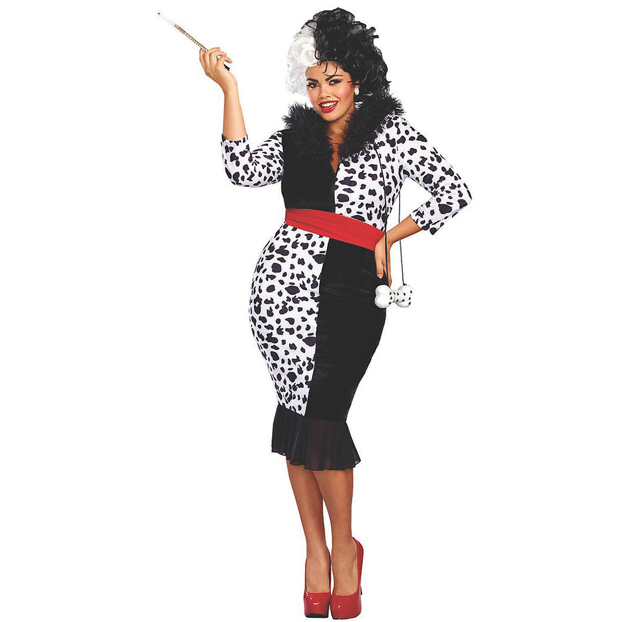 Stylish Dalmatian Print Front-Zip Dress for Retro Parties and Halloween Celebrations