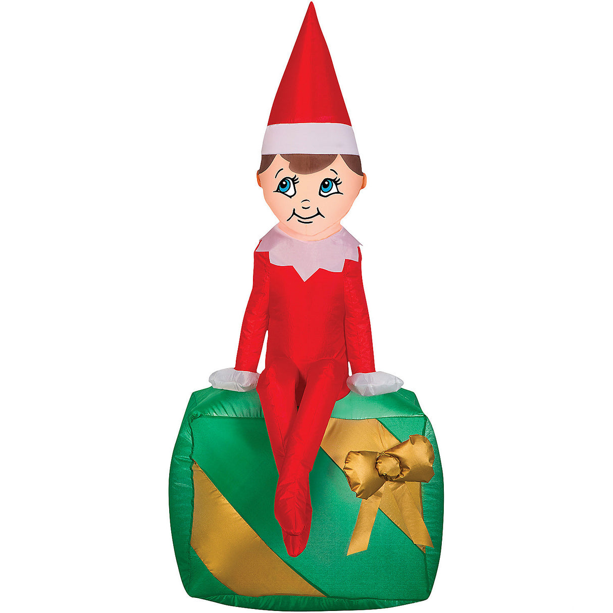 Inflatable Elf on Present for Holiday Decorations and Outdoor Festivities