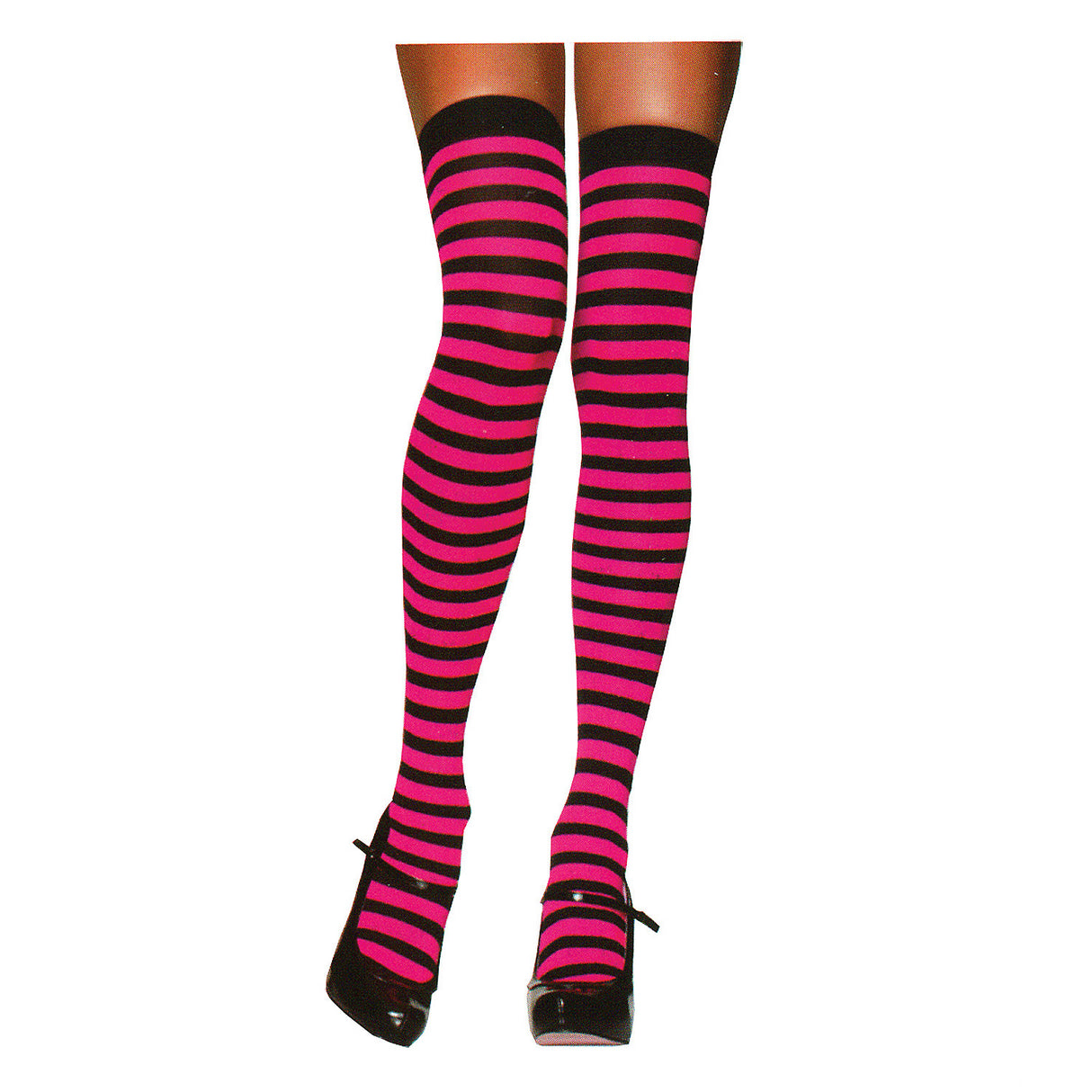 Stylish Thigh High Striped Black and Neon Pink Stockings for Parties and Themed Events