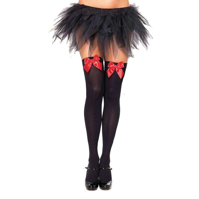 Black thigh high stockings with red bows for costume