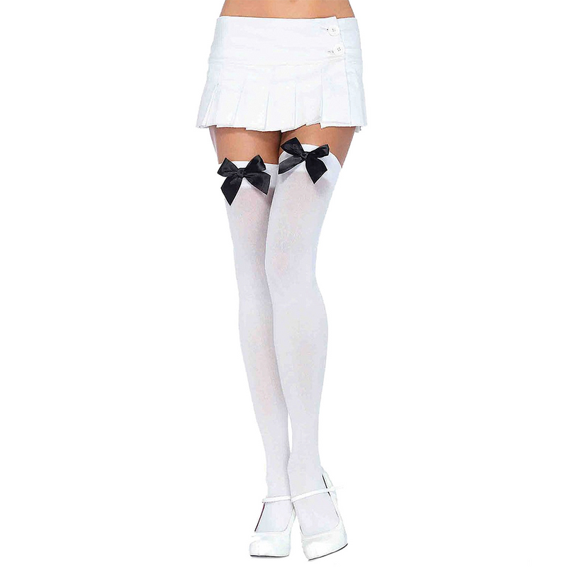 White Thigh High Stockings with Black Bows