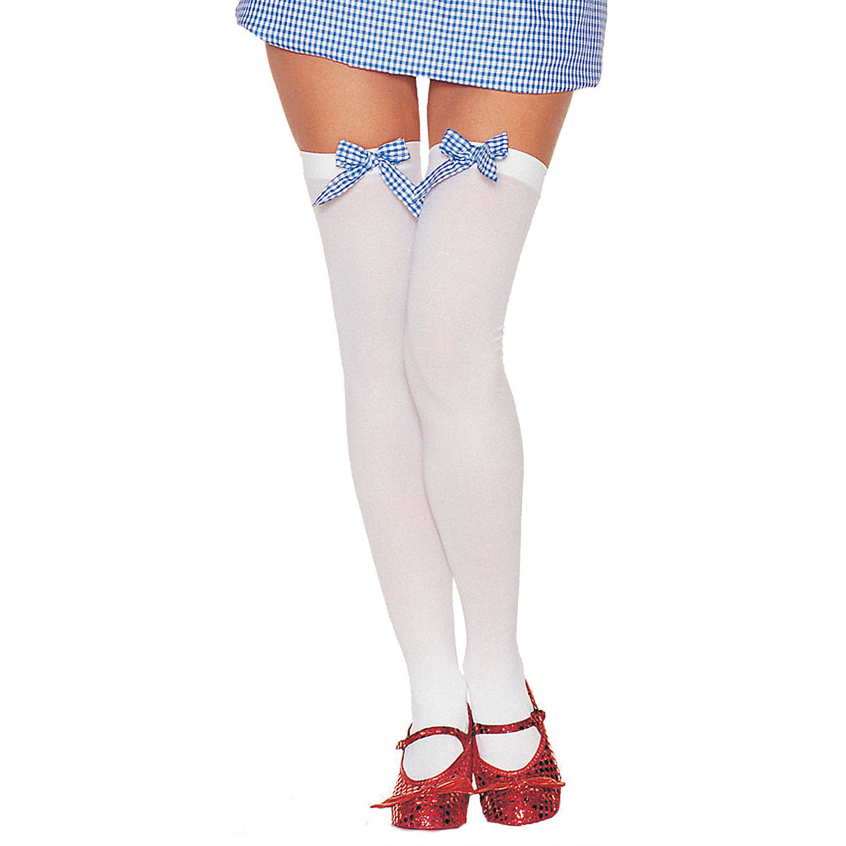 Elegant Thigh High White Stockings with Blue Bow for Costumes and Themed Events