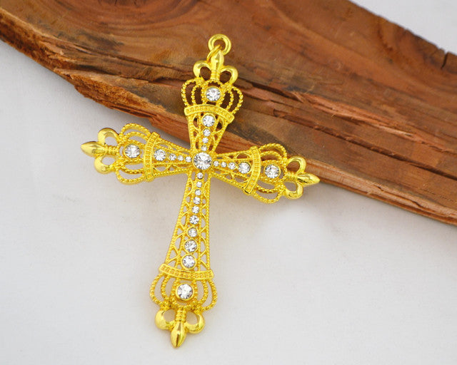 4.5" Gold Metal Cross Pendant with Rhinestones - Pack of 6 Pieces