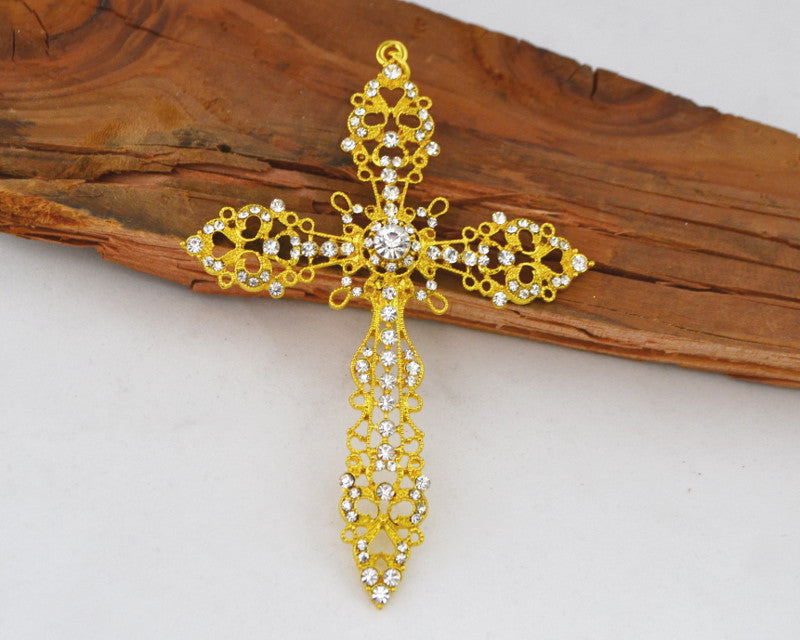 4" Gold Filigree Metal Cross Pendant with Rhinestones - Pack of 6 Pieces