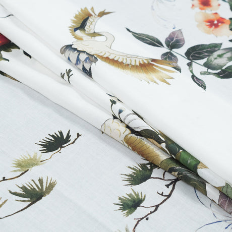 Cotton Voile - White and Green Birds and Flowers - La Grande Tournee Print - Mood Exclusive Jacques Collection