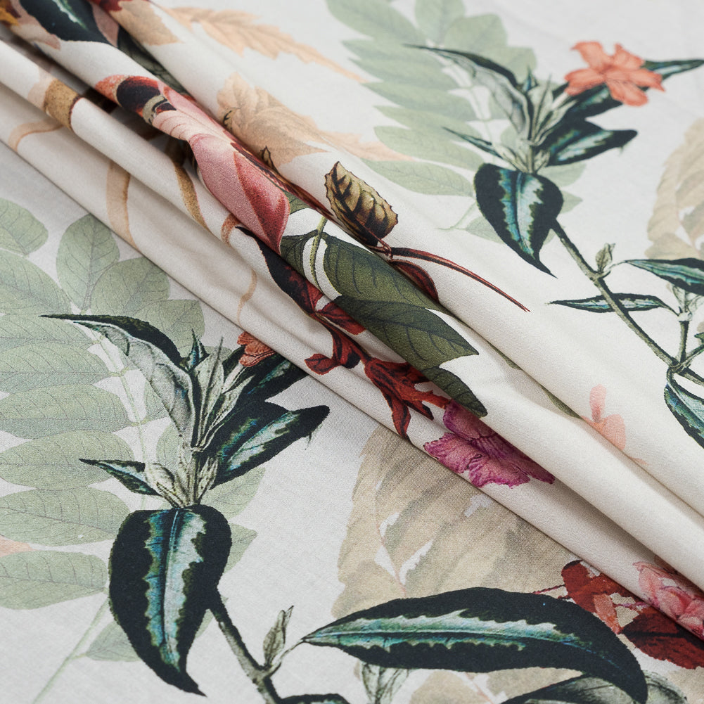 Cotton Voile - Pale Green and Coral Floral - Ile des Orchidees Print - Mood Exclusive Jacques Collection