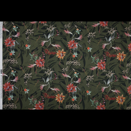 Cotton Voile - Olive Green Flowers and Leaves - Les Tropiques Print - Mood Exclusive Jacques Collection