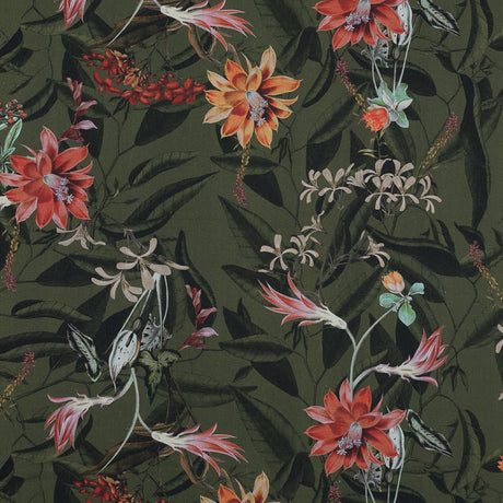 Cotton Voile - Olive Green Flowers and Leaves - Les Tropiques Print - Mood Exclusive Jacques Collection