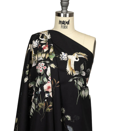 Cotton Poplin - Black and Green Birds and Flowers - La Grande Tournee Print - Mood Exclusive Jacques Collection