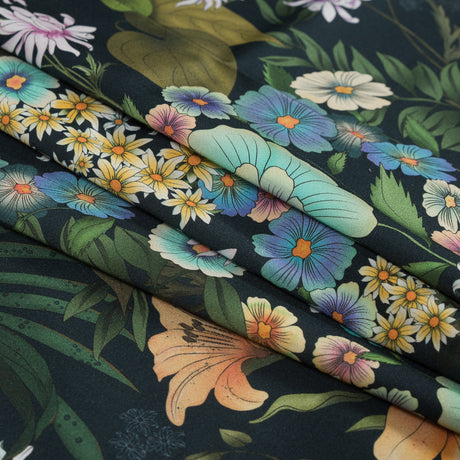Stretch Cotton Sateen - Green and Blue Floral - Narcissus' Reflection Print - Mood Exclusive Gaia Collection
